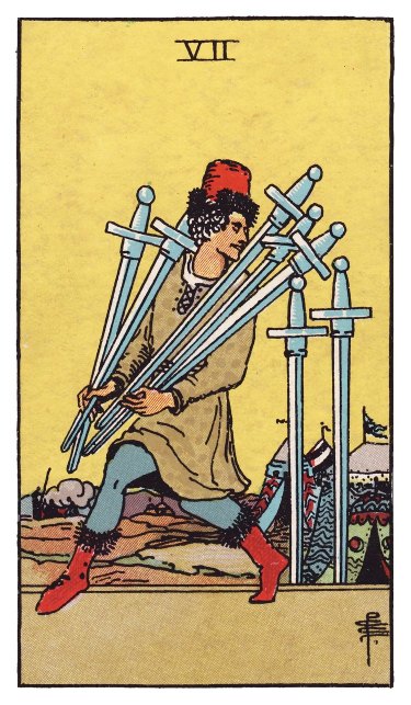 Glancing back at a camp of tents, a figure tiptoes off with five swords, leaving two stuck upright in the ground.