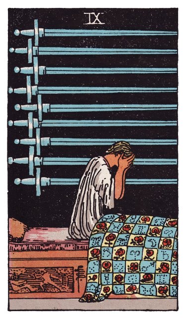 Face buried in their hands, a figure sits up in bed under nine swords hung level against the dark.