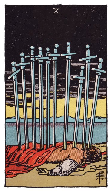 Gold light breaks over still water behind a figure lying face down with ten swords in their back.