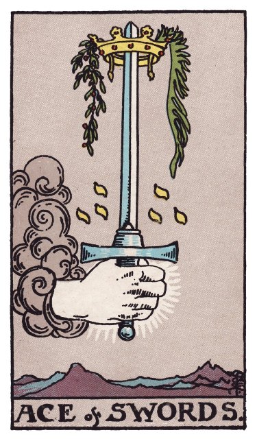 Above jagged mountains, a hand from a cloud raises an upright sword through a crown hung with palm and olive.