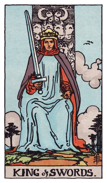 Sword held upright, a king faces the viewer from a tall throne.