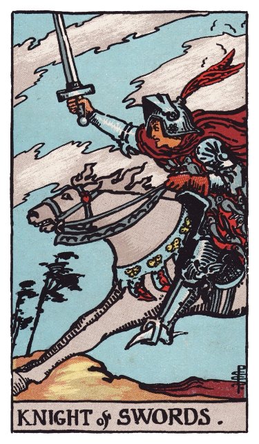 Trees bend in the wind as a knight charges past, sword raised and cloak flying.