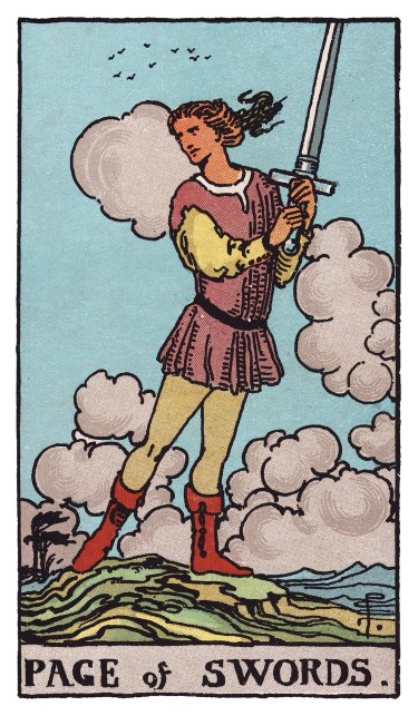 On a windy hilltop, a young figure raises a sword in both hands as birds scatter across the sky.