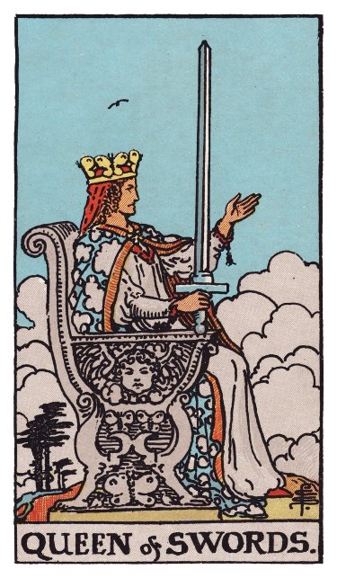 Seated in profile, a queen holds the sword upright and raises an open hand, one bird high above.
