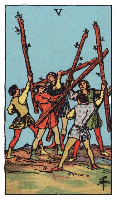 Five youths swing raised wands in a chaotic clash on open ground, no blow landing.