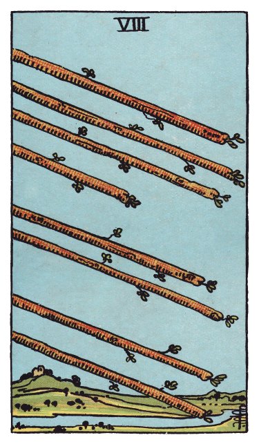 Eight wands fly in parallel across a clear sky above a rushing landscape, no figure in sight.