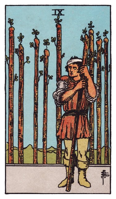 A bandaged man leans on his wand with a wary expression, eight staves standing behind him.