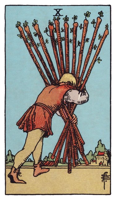 Bent under all ten wands, a figure carries the bundle toward a town in the distance.