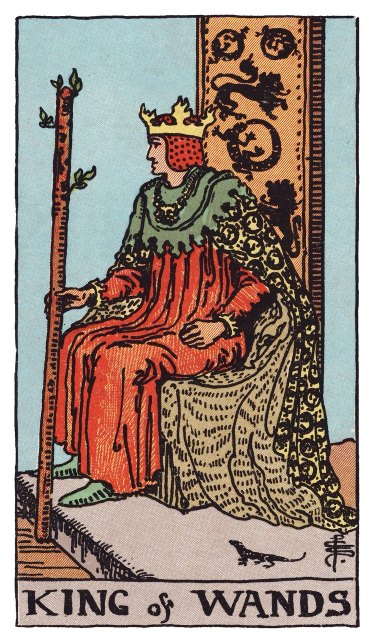 Leaning forward on his throne, a king holds his wand like a scepter, a living salamander at his feet.
