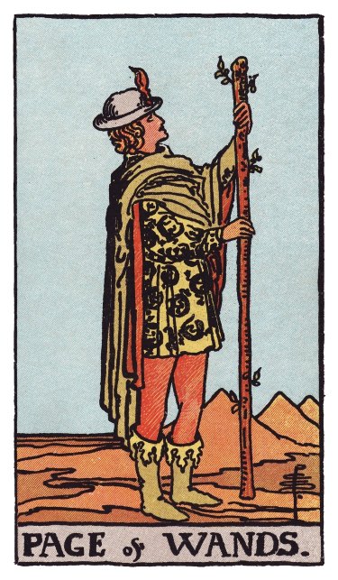 A young figure in a feathered cap studies the sprouting wand he holds upright in a barren desert.