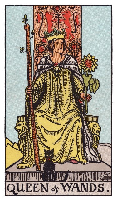 A queen sits on a lion-carved throne holding a sunflower and wand, a black cat at her feet.