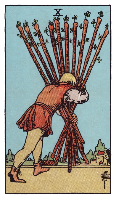 Ten of Wands tarot card: a bent figure carries ten heavy staves toward a distant town.