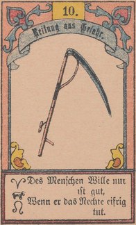 The Scythe Lenormand card: a harvest scythe under the number ten, framed by keyword banner and verse.