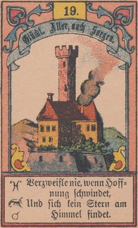 The Tower Lenormand card: a tall stone tower standing intact under the number nineteen, framed by keyword banner and verse.