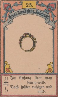 The Ring Lenormand card: a gem-set gold ring beneath a numbered banner of German keywords, with a rhyming couplet along the base.