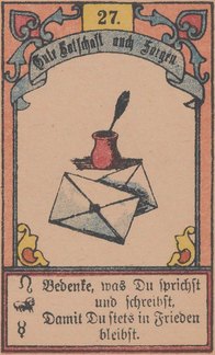 The Letter Lenormand card: a sealed envelope under the number twenty-seven, framed by keyword banner and verse.